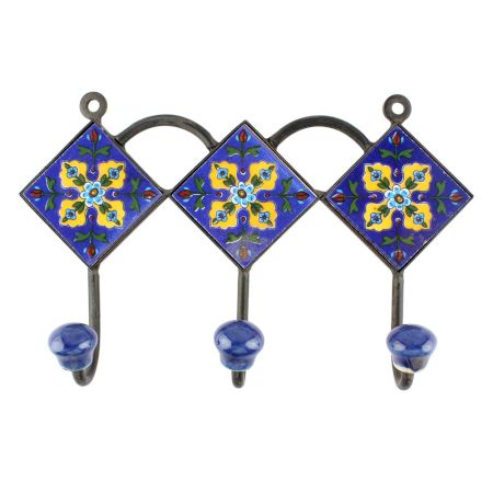Navy Blue And Yellow Ceramic Floral Tiles Hook 